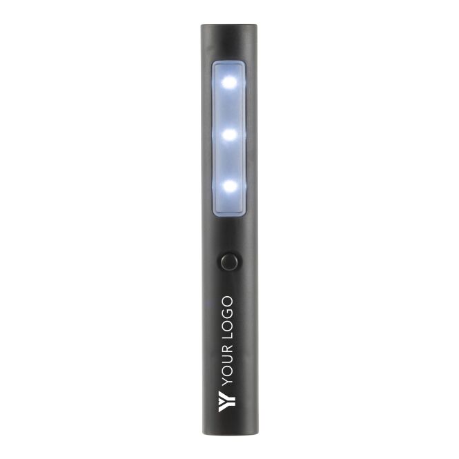 Firmengeschenk Arbeitslampe Work – schwarz – mit Werbedruck 3 LEDs, zwei Magnete, blinkend und konstant für den Industriebedarf