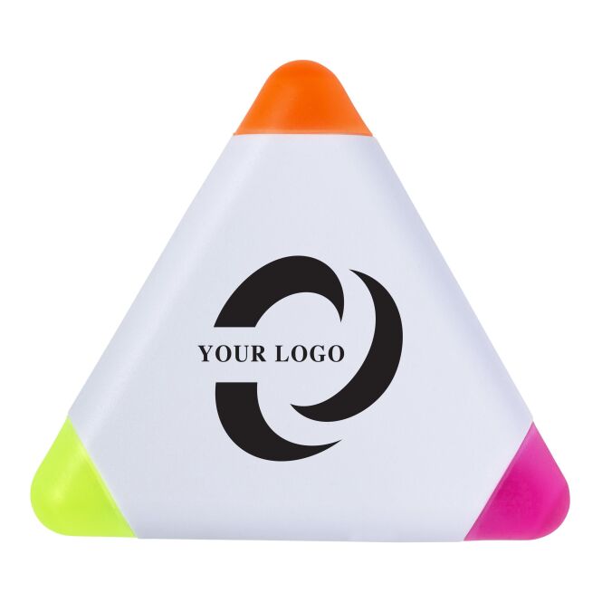 Werbeartikel Textmarker Triangle aus Kunststoff – weiss – mit Logo bedruckt für den Büroalltag und als Messe-Giveaway