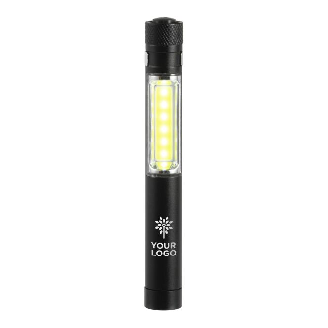 Werbeartikel Taschenlampe Construction – schwarz – mit Logo bedruckt 1W COB-LED, inkl. Magnet, Clip & Batterien