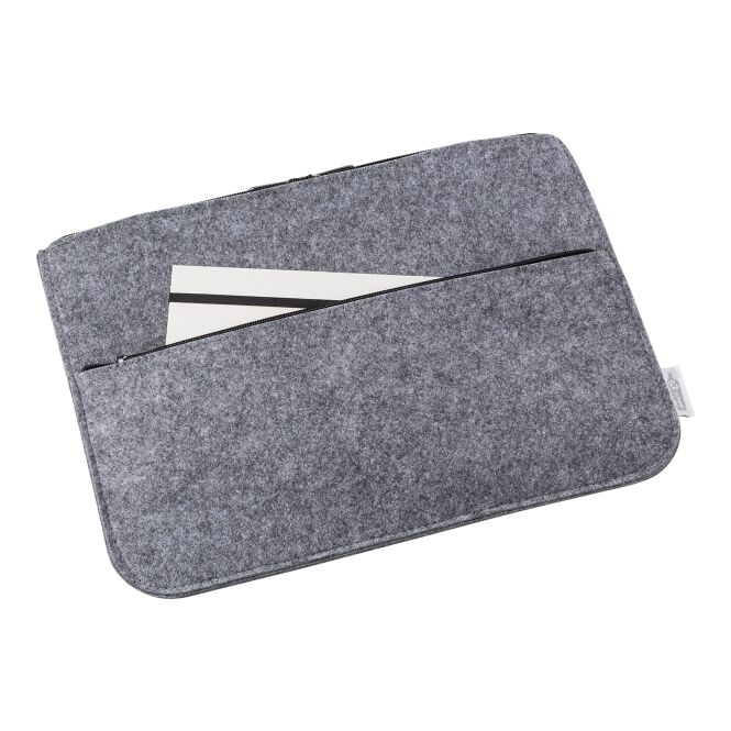 Mitarbeitergeschenk Laptoptasche Emilia – dunkelgrau – mit Logo bedruckt nachhaltige RPET-Filz-Tasche für 14 Zoll Notebooks für das Homeoffice
