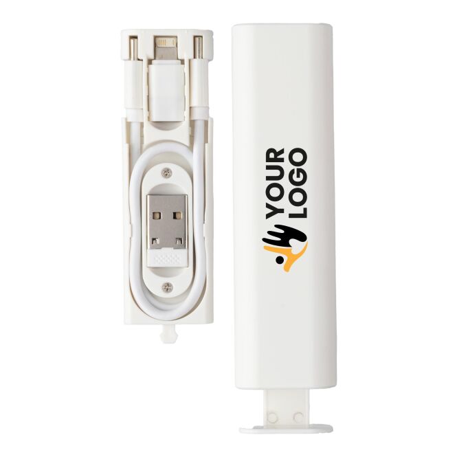 Werbeartikel USB-Hub Uwe – weiss – mit Logo bedruckt Typ-C Daten- und Stromkabel mit SIM-Speicherplätzen und Handyhalterung für das Büro