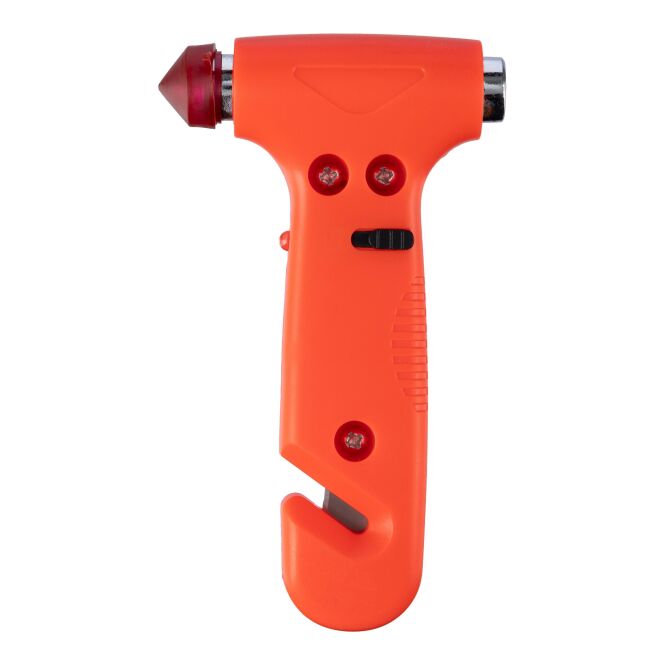 Mitarbeitergeschenk Nothammer Erika – orange – mit Logo bedruckt, LED-Licht, Gurtschneider, Fensterhammer für Notfallsituationen