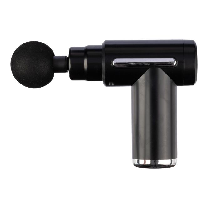 Mitarbeitergeschenk Massagepistole Axel – schwarz – mit Logo bedruckt 1.800-3.200 U/min, 4 Massageköpfe, 6 Stufen für Firmenevents