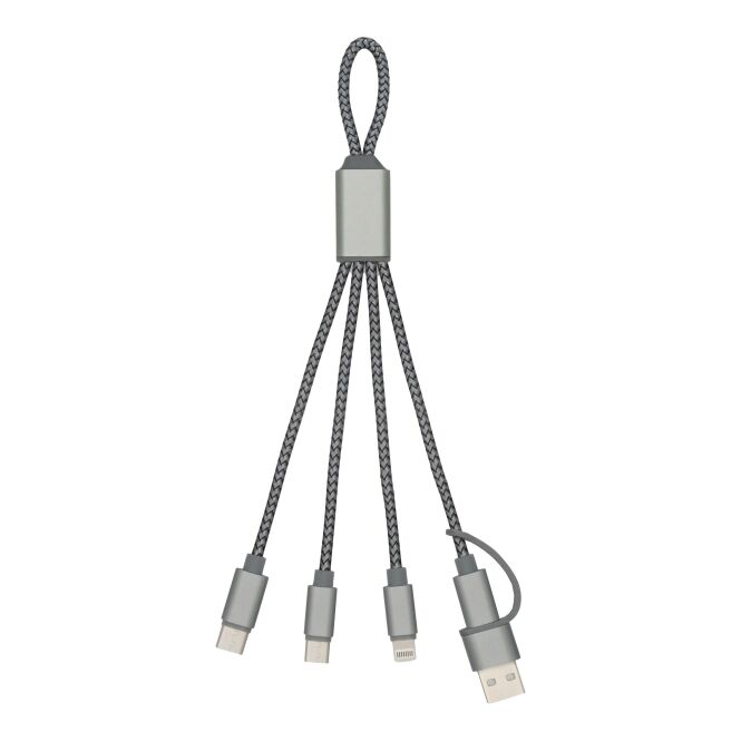 Streuartikel 3-in-1 Multi-Ladekabel Trident 2 – grau – mit Logo bedruckt für den Büroalltag, USB-A/Typ-C/Lightning, nylonverstärkt