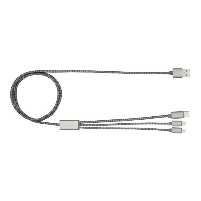 Werbeartikel Ladekabel BrandCharger Trident 2+ – grau – mit Logo bedruckt 3-in-1 Multi-Ladekabel für den Büroalltag