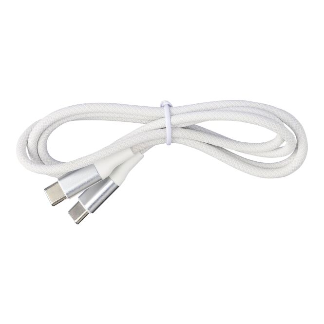 Werbeartikel Nylon Ladekabel Jacob – weiss – mit Logo bedruckt 35W Typ-C auf Typ-C 1m Kabel für den Büroalltag