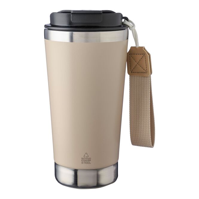 Premium-Werbeartikel Kaffee to go Becher Kayla – beige – mit Logodruck 500 ml nachhaltiger Thermobecher für das Mitarbeiter-Onboarding