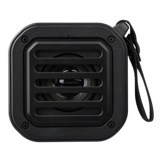Kundengeschenk Bluetooth Lautsprecher Lois – schwarz – mit Logo bedruckt, nachhaltig, 3W, 400mAh, Solar, für das Mitarbeiter-Onboarding