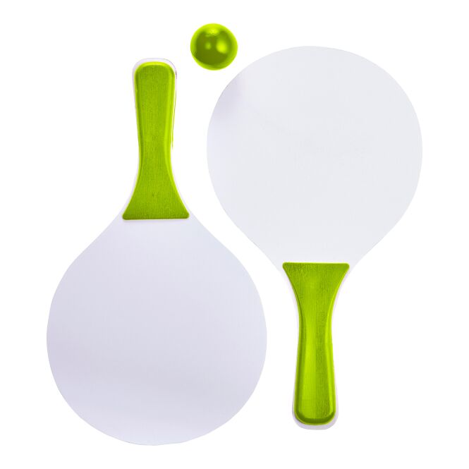 Werbeartikel Strandtennis-Set Costa Brava aus Holz – limone – mit Logo bedruckt mit 2 Schlägern & 1 Ball für Outdoor-Events