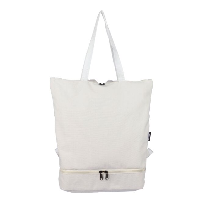 Firmengeschenk Rucksack Osric – beige – mit Logo bedruckt 330g/m² recyceltes Poly-Baumwolle 30l Laptopfach nachhaltige Tasche