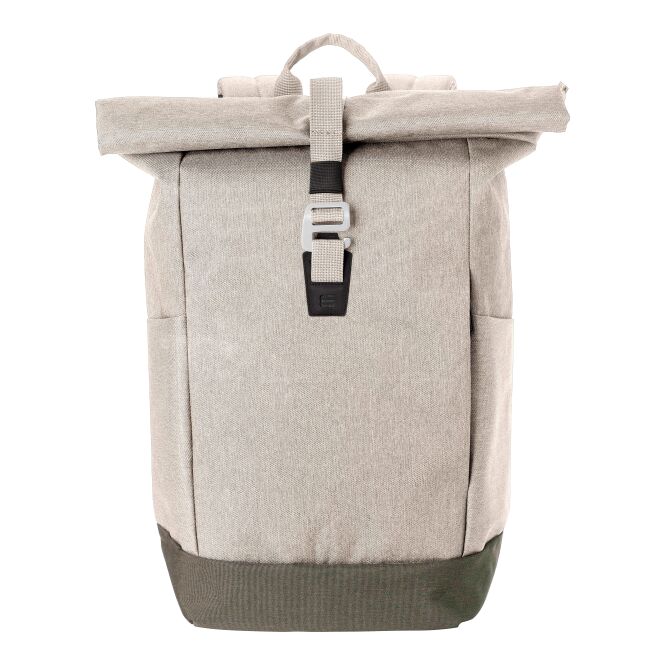 Mitarbeitergeschenk Rolltop-Rucksack Dax – beige – mit Logo bedruckt für die Büroausstattung und das Homeoffice
