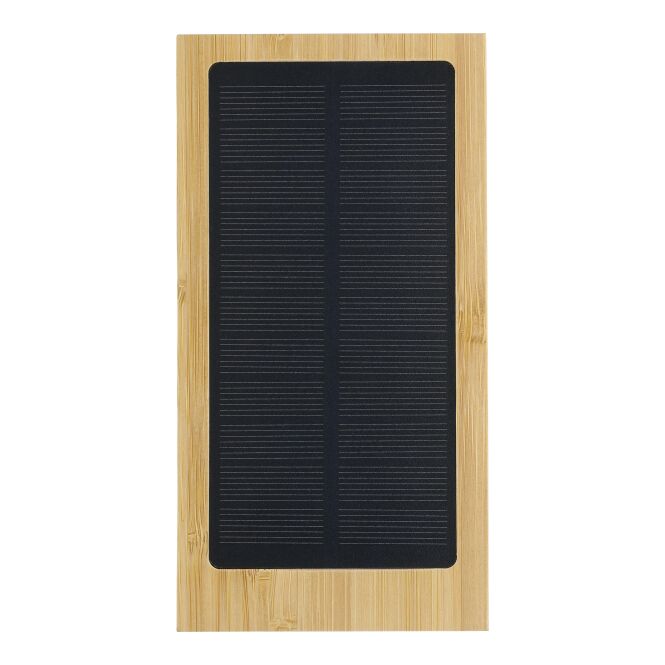 Premium-Werbeartikel Bambus Solar-Powerbank Elz – braun – mit Gravur 10.000 mAh 5W Wireless Charger nachhaltig für das Homeoffice