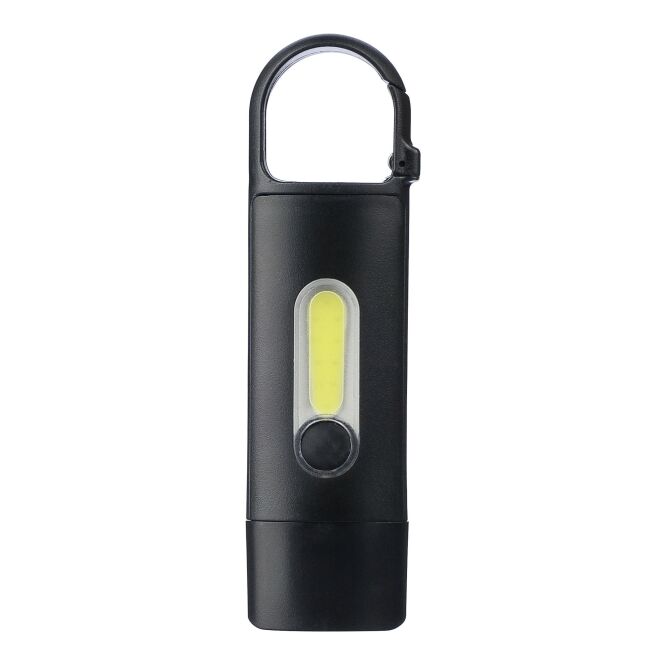 Werbeartikel Taschenlampe Zai – schwarz – mit Werbedruck, 200-mAh-Akku, COB-Licht, Karabiner, kompakter Lichtspender
