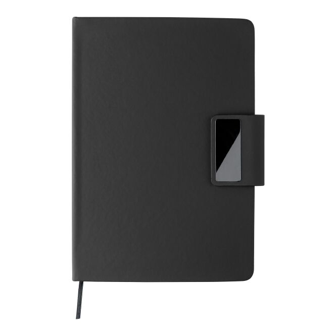 Firmengeschenk Notizbuch-Geschenkset Roan – schwarz – mit Logo bedruckt, 80 Blatt, recyceltes PU & Aluminium, nachhaltiges Journal