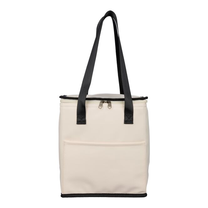Firmengeschenk Kühltasche Adira – beige – mit Logodruck 9l 210D rPET-Futter, lange Griffe, Fronttasche, nachhaltiges Werbemittel