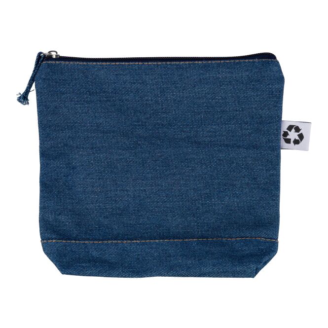 Mitarbeitergeschenk Kosmetiktasche Orin – blau – mit Logodruck 21x18,5cm aus 100% recyceltem Denim, nachhaltiges Accessoire