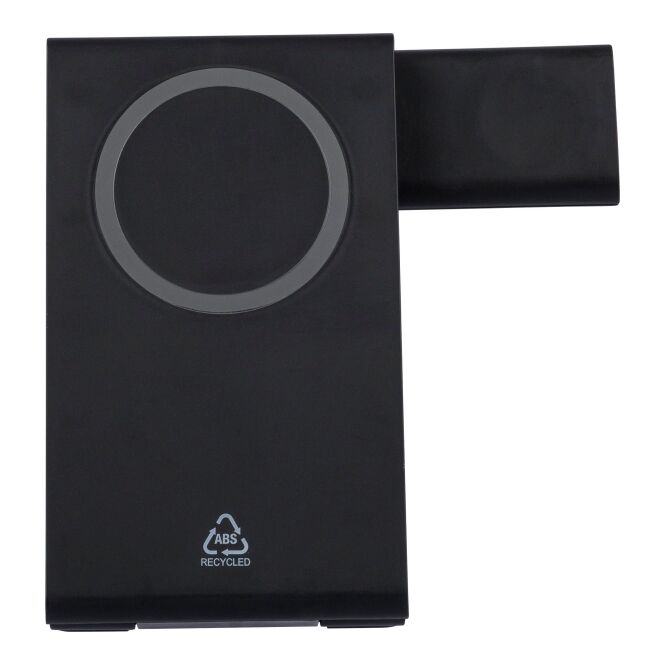 Kundengeschenk Wireless Charger Valerio – schwarz – mit Logo bedruckt 15W für das Homeoffice nachhaltig aus recyceltem ABS