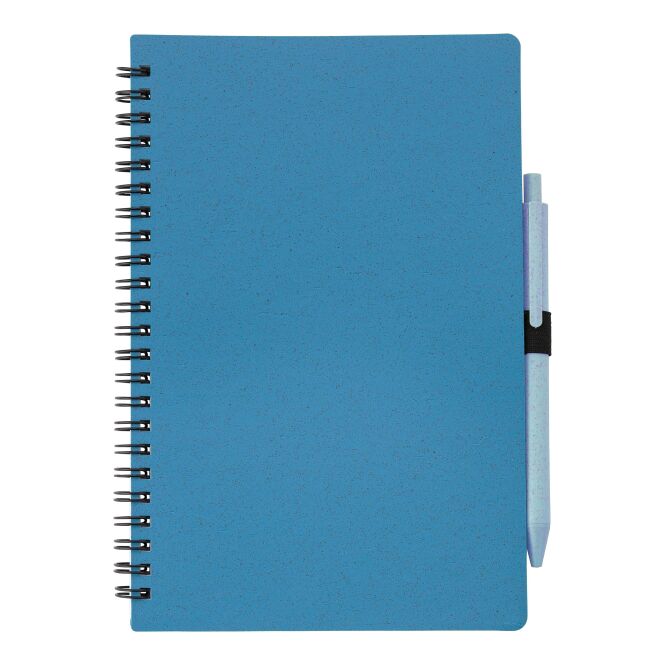 Werbeartikel Schreibset Massimo – blau – mit Logo bedruckt, nachhaltiges Notizbuch DIN A5 & Kugelschreiber, blau schreibend, Messe-Giveaway
