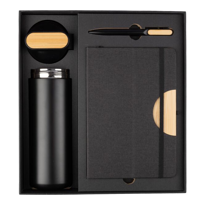 Firmengeschenk Schreibset Kurt – schwarz – mit Logo bedruckt 3-teilig mit Trinkflasche, Drehkugelschreiber blau schreibend & A5 Notizbuch