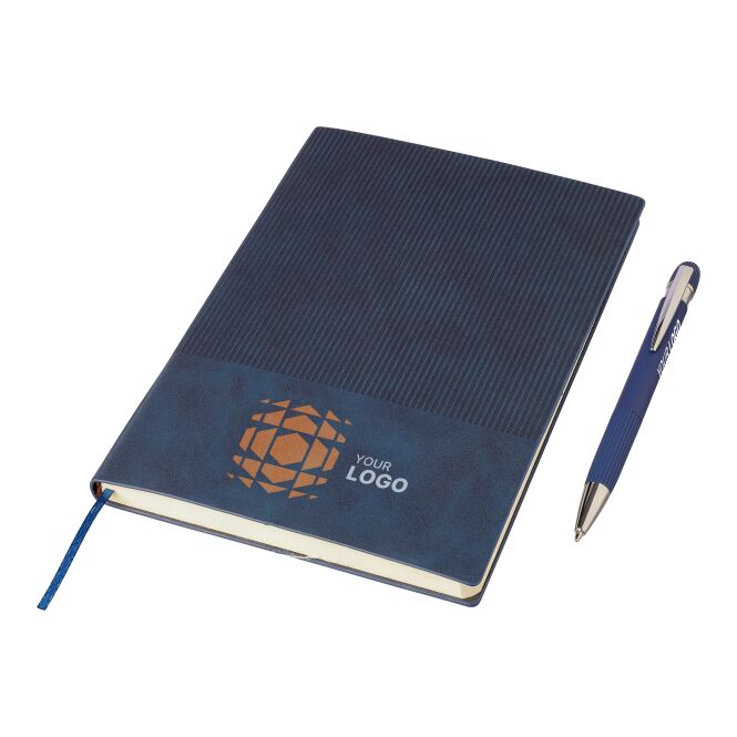 Firmengeschenk Notizbuch Tarek – grau – mit Logo bedruckt, 100 S. FSC-Papier, Alukugelschreiber, nachhaltiges Schreibset