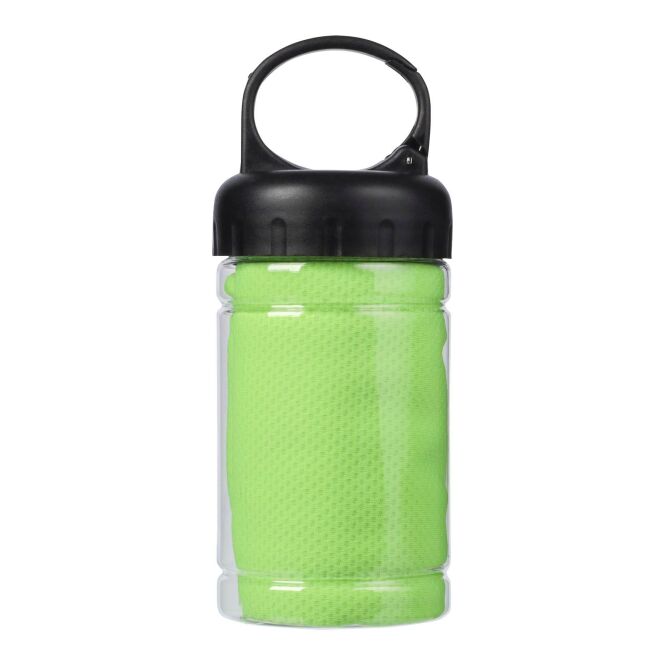 Werbeartikel Kühlhandtuch Tempa – limone – mit Logo bedruckt 90x30 cm in Flasche mit Karabiner für Outdoor-Events