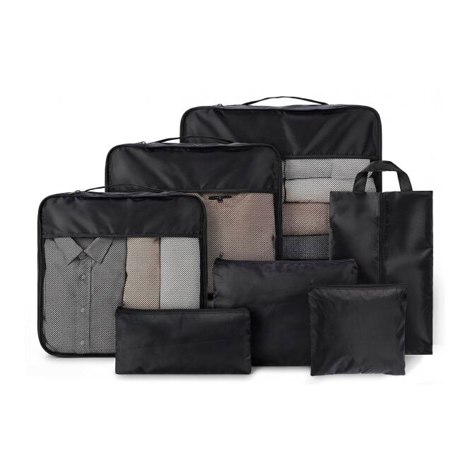 Firmengeschenk Reiseorganizer-Set Packio – schwarz – nachhaltig mit Logo bedruckt 7-teilig aus rPET für Messen & Promotion
