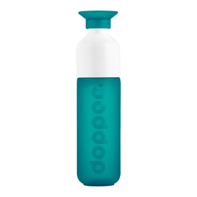 Mitarbeitergeschenk Trinkflasche Dopper Original – türkis – mit Logo bedruckt 450ml, klimaneutral, nachhaltige Mehrwegflasche