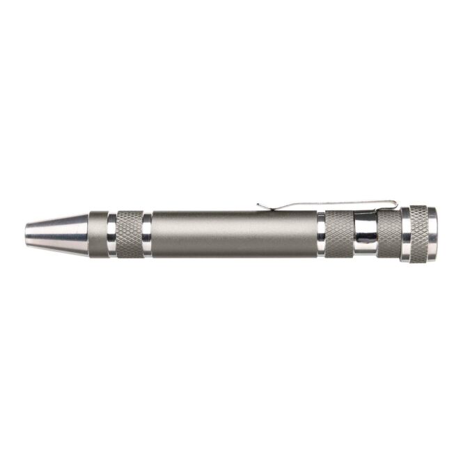 Mitarbeitergeschenk Werkzeugsets Worker – grau – mit Logo bedruckt. Metall-Set mit 8 Biteinsätzen ideal für Montagearbeiten.