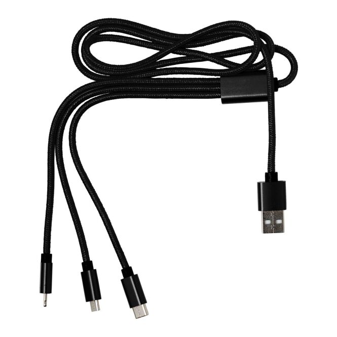 Werbeartikel 3-in-1 Ladekabel Belfast – schwarz – mit Logo bedruckt 95cm USB-C Micro-USB Lightning für den Büroalltag