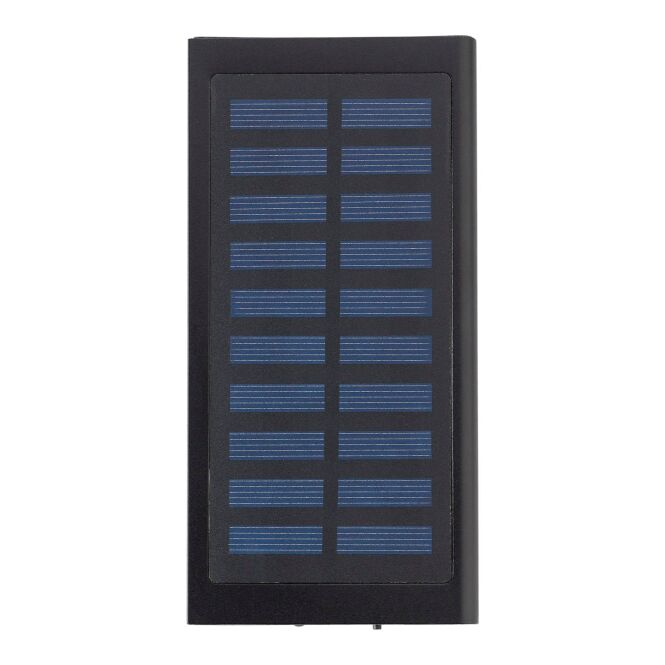 Firmengeschenk Solar-Powerbank Sunlight – schwarz – mit Logo bedruckt 8000 mAh USB-C für das Mitarbeiter-Onboarding nachhaltig