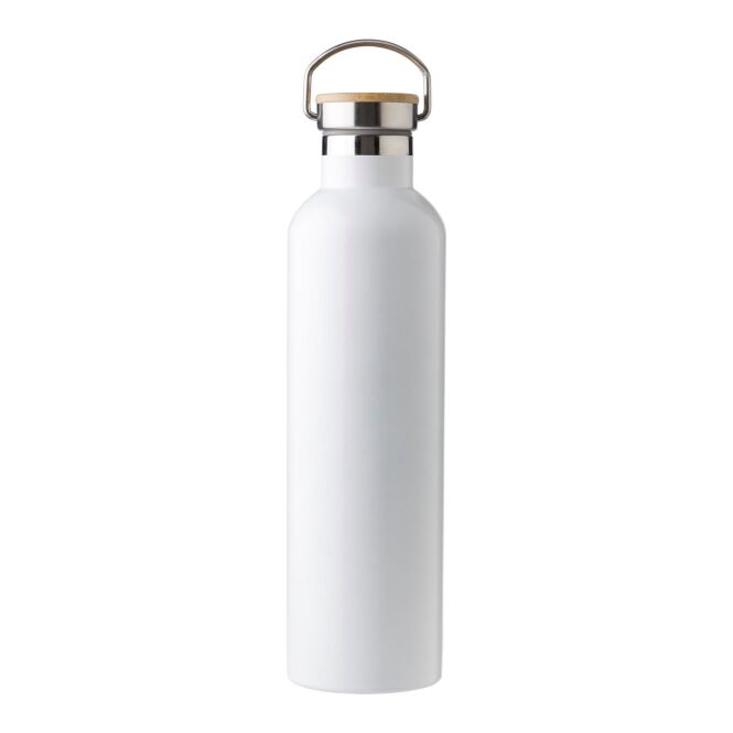Firmengeschenk Doppelwandige Flasche Damien – weiss – mit Logodruck 1 l Edelstahl vakuumisoliert nachhaltig für Mitarbeiter-Onboarding