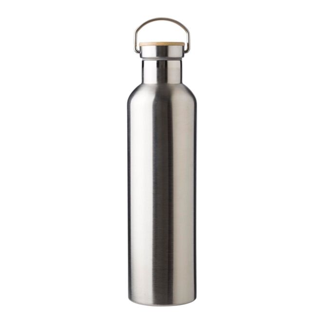 Firmengeschenk Doppelwandige Flasche Damien – silber – mit Logodruck 1 l Edelstahl vakuumisoliert nachhaltig für Mitarbeiter-Onboarding
