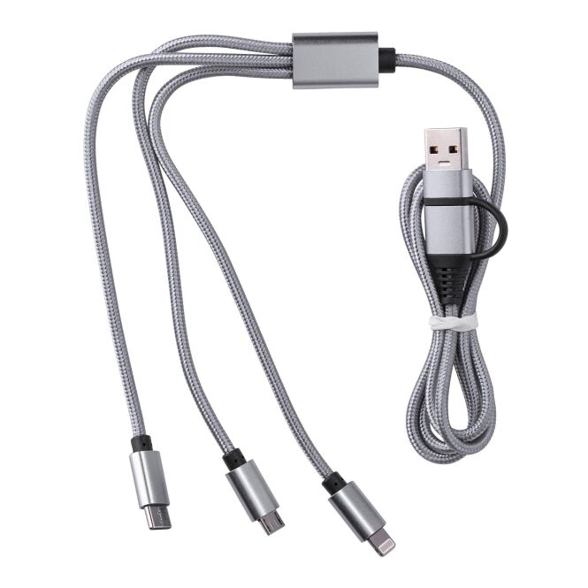 Werbeartikel Nylon-Ladekabel Leif – silber – mit Logo bedruckt USB-C für den Büroalltag