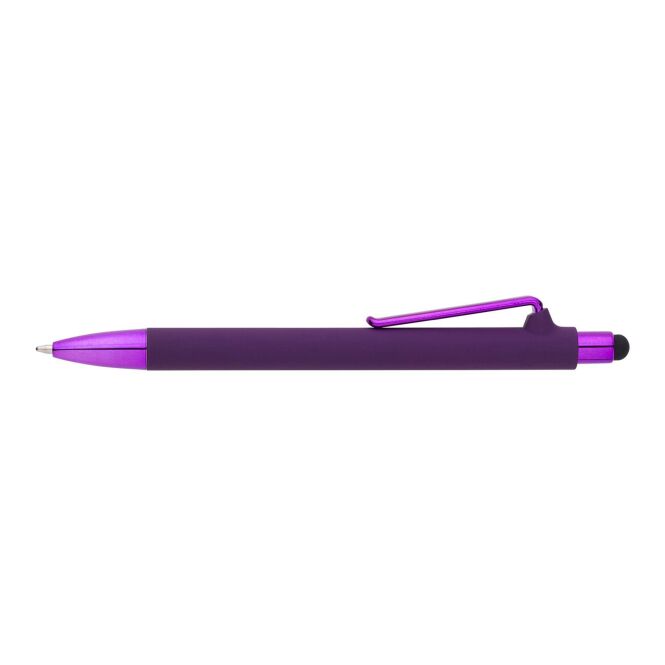 Werbeartikel Kunststoff-Kugelschreiber Hendrix – violett – mit Logo bedruckt, Touchpen, blau schreibend für den Büroalltag