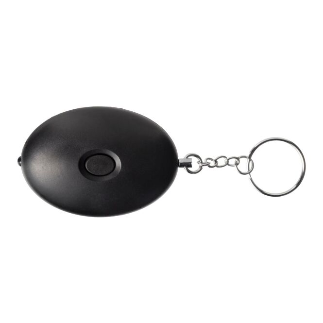 Firmengeschenk Alarmknopf Harold – schwarz – mit Logo bedruckt inkl. LED-Licht und Signalton als praktisches Messe-Werbemittel