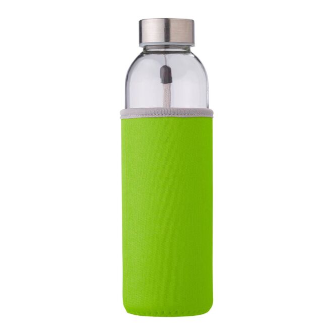 Werbeartikel Glasflasche Neo – limone – mit Logodruck 500 ml mit Neoprenhülle und Trageschlaufe als Firmengeschenk für Besprechungsräume