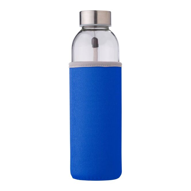 Firmengeschenk Glasflasche Neo – kobaltblau – mit Logodruck 500ml inkl. Neoprenhülle, Trageschlaufe für Mitarbeitergeschenk & Firmenevents