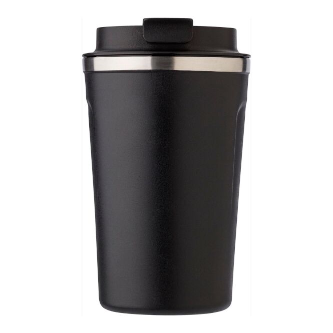 Kundengeschenk Thermobecher Edelstahl – schwarz – mit Logodruck 380 ml für das Mitarbeiter-Onboarding und die Büroküche
