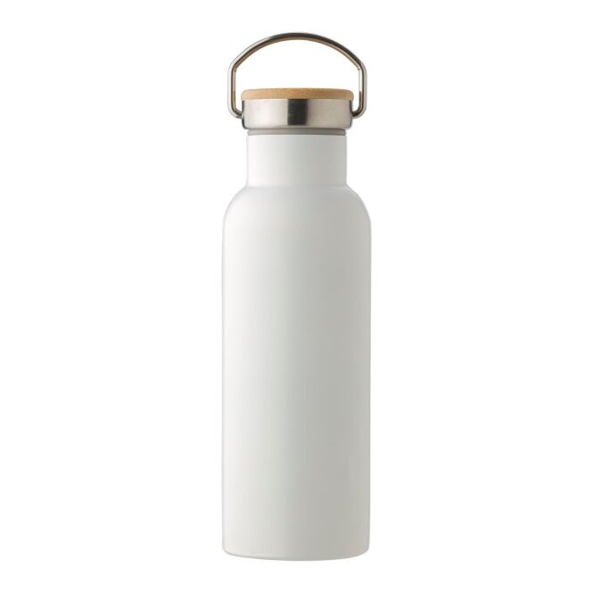 Firmengeschenk Edelstahl-Trinkflasche doppelwandig – weiss – mit Logodruck 500 ml vakuumisoliert nachhaltig Bambusdeckel für Mitarbeiter-Onboarding