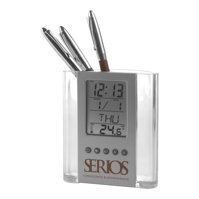 Werbeartikel Uhr Sirona – schwarz/silber – mit Logo bedruckt, mit Temperaturanzeige, ideal für das Büro