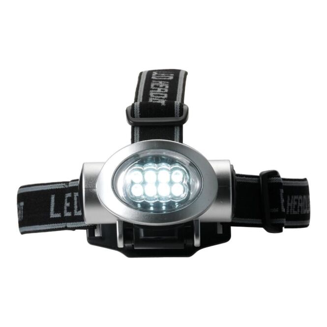Messe-Werbemittel LED-Kopflampe Stockholm – silber – mit Werbedruck 8 LEDs 3 Riemen für sicheren Halt bei Industriearbeiten