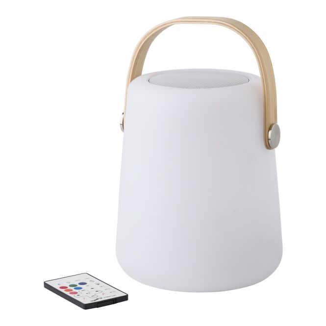 Technik-Werbemittel Bluetooth Lautsprecher LED – weiss – mit Logo bedruckt, wasserfest IP44 für Technik-Messen und Büroalltag