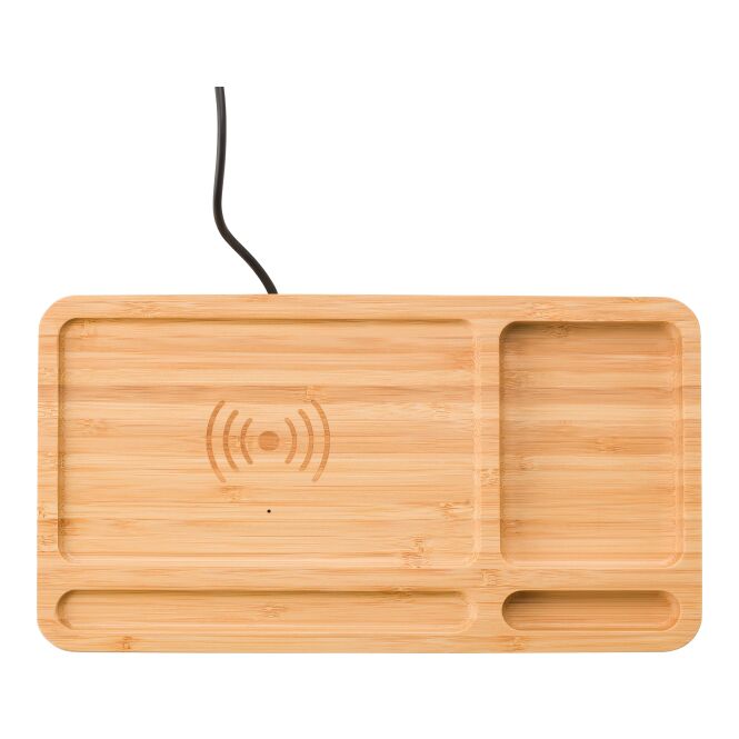 Firmengeschenk Wireless Charger Bambus – hellbraun – lasergraviert 5W induktiv mit USB-Kabel für das Homeoffice nachhaltig