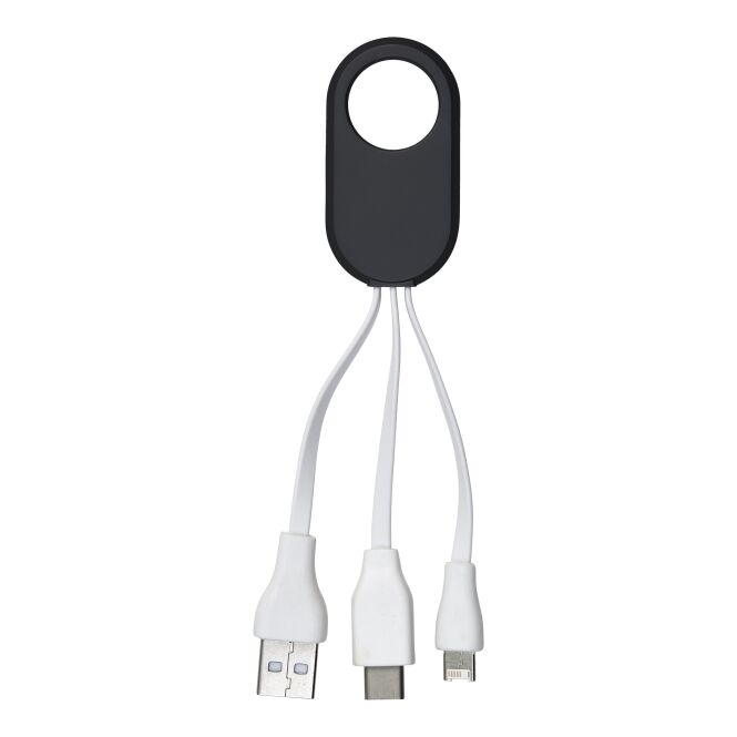 Werbeartikel Ladekabelset Triple – schwarz – mit Logo bedruckt 3-in-1 Multi-Ladekabel USB-C Lightning 7 cm für den Büroalltag