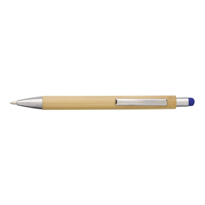 Streuartikel Nachhaltiger Bambus-Kugelschreiber mit Touchpen – blau – mit Logo bedruckt, blau schreibend, für den Büroalltag