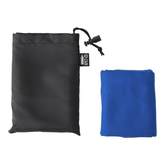 Werbeartikel RPET-Handtuch 79 x 30 cm – kobaltblau – mit Logo bedruckt als nachhaltiges Sommer-Giveaway für Outdoor-Events