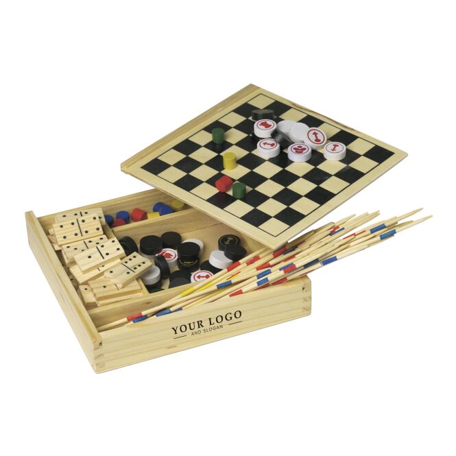 Firmengeschenk Spielset Fun in Holzbox – braun – mit Logo bedruckt 5-tlg. mit Domino Mikado Schach Dame Ludo für Firmen-Events