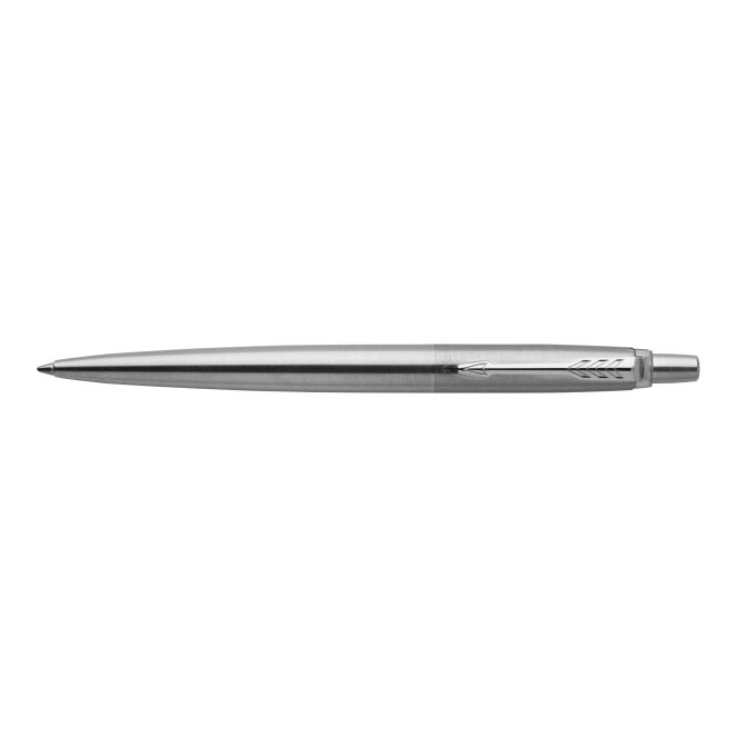 Firmengeschenk Parker Kugelschreiber Jotter – silber – mit Logo bedruckt blau schreibend als Messe-Giveaway