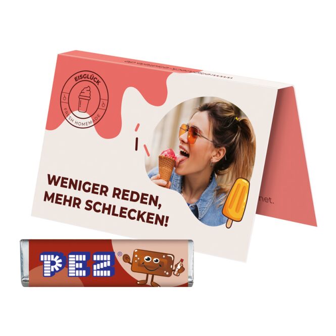 Streuartikel PEZ Werbekarte Visitenkartenformat – mit süßen bonbons – mit bedrucktem Etikett für Messen und Events an potenzielle Kunden