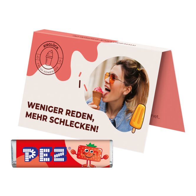 Streuartikel PEZ Werbekarte im Visitenkartenformat – süßes bonbon – mit individuellem Etikett für Messen und Events an potenzielle Kunden